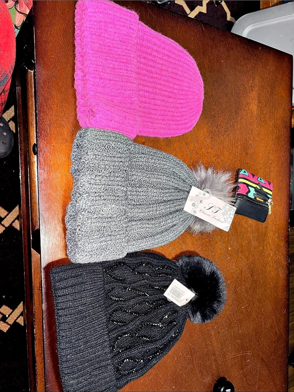 Knit Pom-Pom Hats Set Pink Gray Black NWT